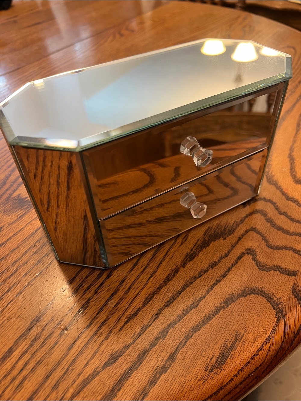 Allure All Mirrored Glass Two-Drawer Jewelry Box Beveled Curved Elongated Oval